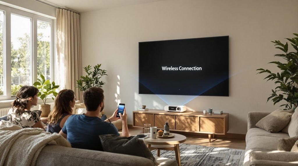 People using wireless projector in modern living room, 'Wireless Connection' on screen
