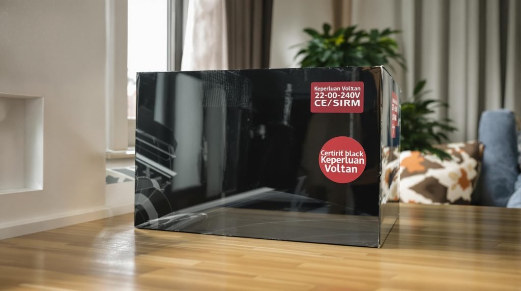 Malaysian couple checking projector box voltage label for safety