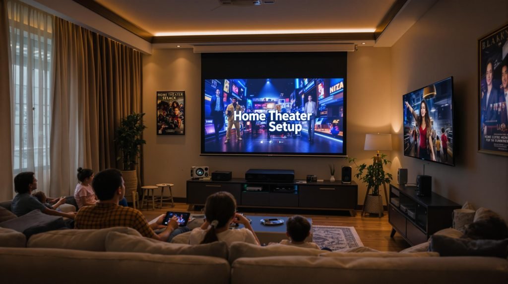 Family enjoying home theater setup with projector in modern Malaysian living room