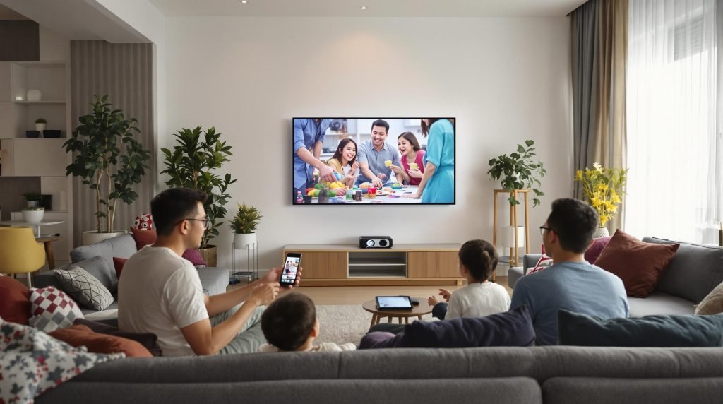 Malaysian family using wireless projector in home with technology highlight