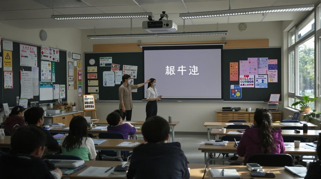 Malaysian classroom with projector, students, and clear projected content