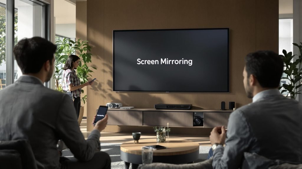 Malaysians wirelessly sharing device screens in modern office and home setting