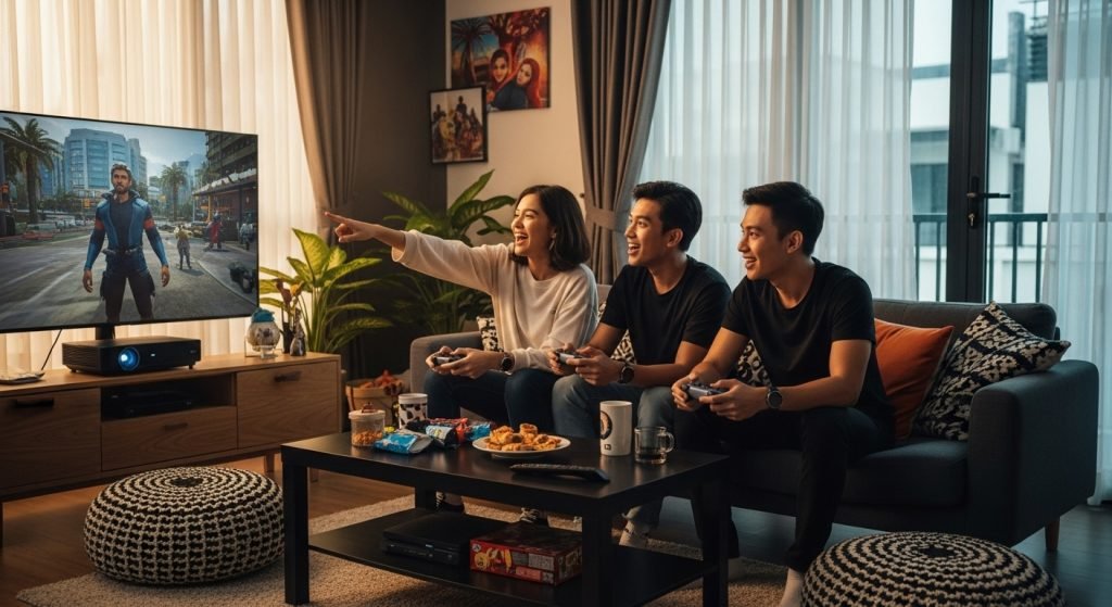 gaming projector, Malaysian living room, group playing