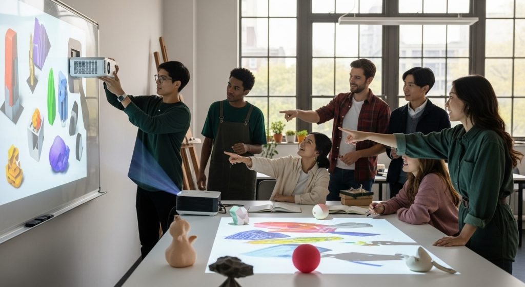 projek seni dengan projektor, kelas seni, interaksi pelajar