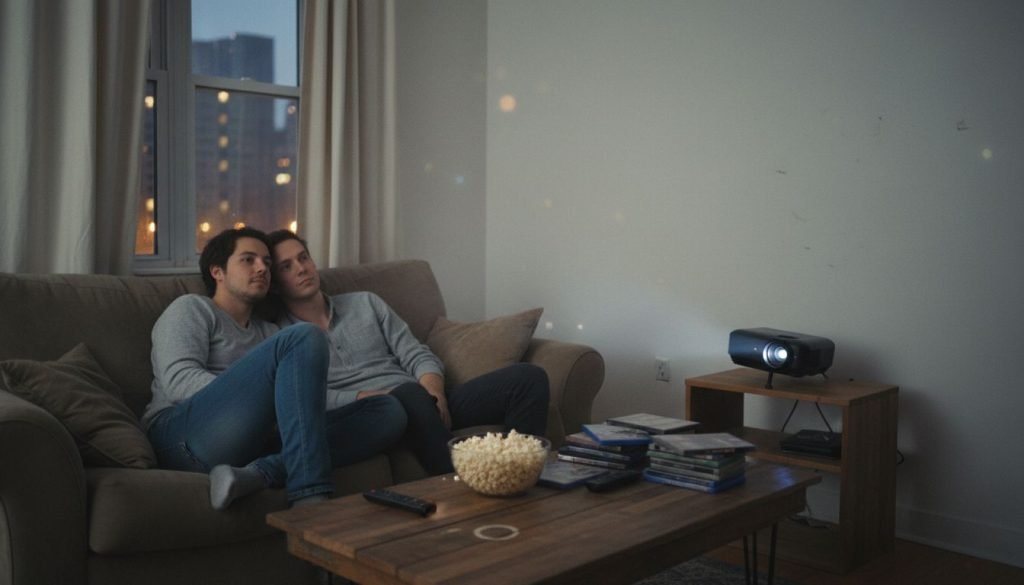 Couple watching projector in living room
