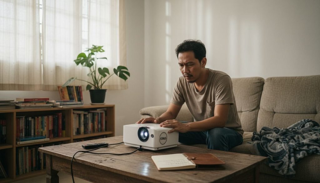 Seorang lelaki sedang melaras projektor di ruang tamu rumahnya.