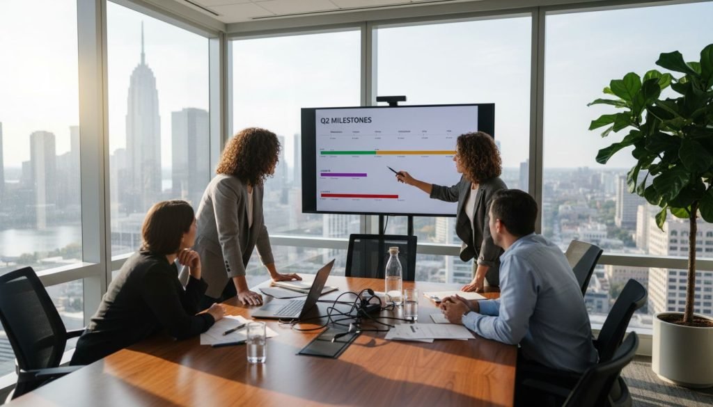 Coworkers meeting at team workspace