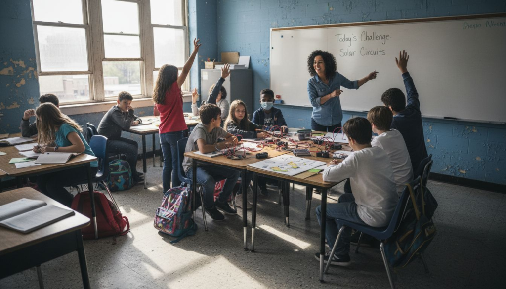 Students collaborating in hands-on classroom activity