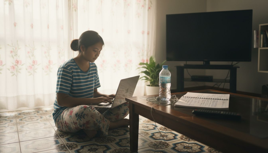 Malaysian student studying at home on laptop