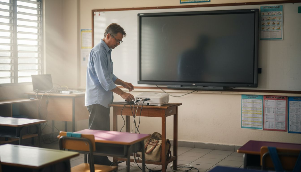 Cikgu sedang berusaha untuk menghidupkan projektor di dalam kelas.