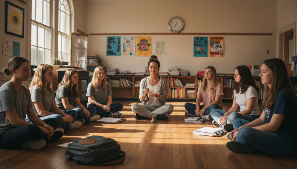 Students practicing mindfulness in classroom circle