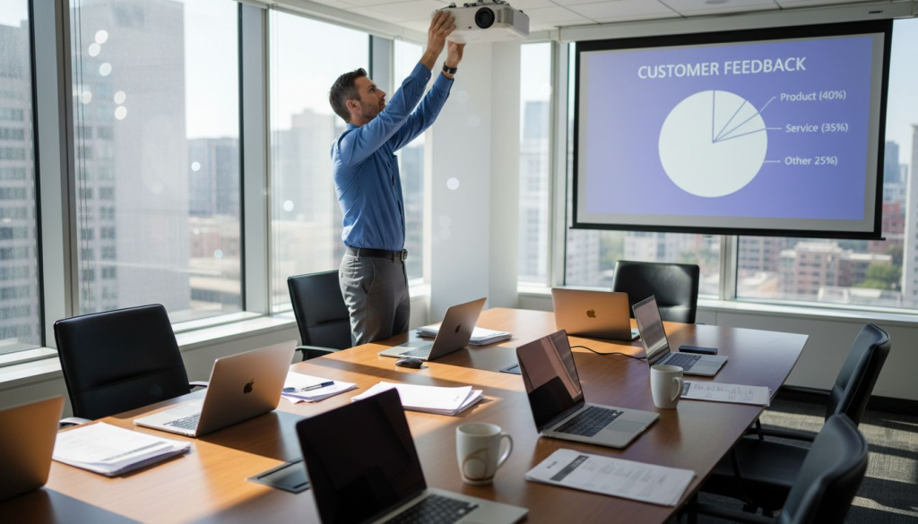 Sales manager adjusting projector in bright conference room