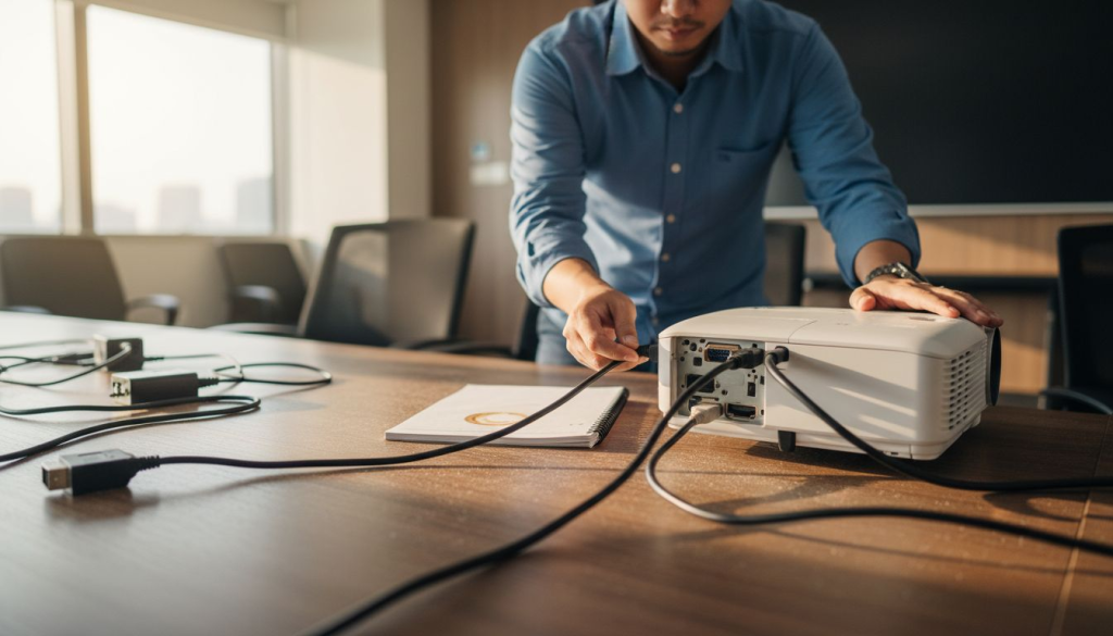Seorang lelaki sedang memasang kabel HDMI pada projektor.