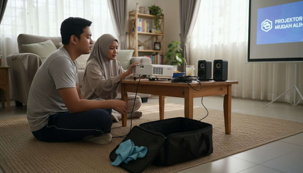 Sepasang suami isteri sedang menyiapkan projektor bersama aksesori penting yang diperlukan.