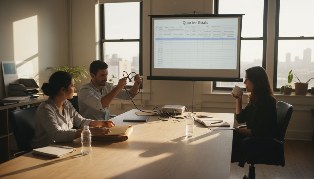 Team setting up projector in conference room