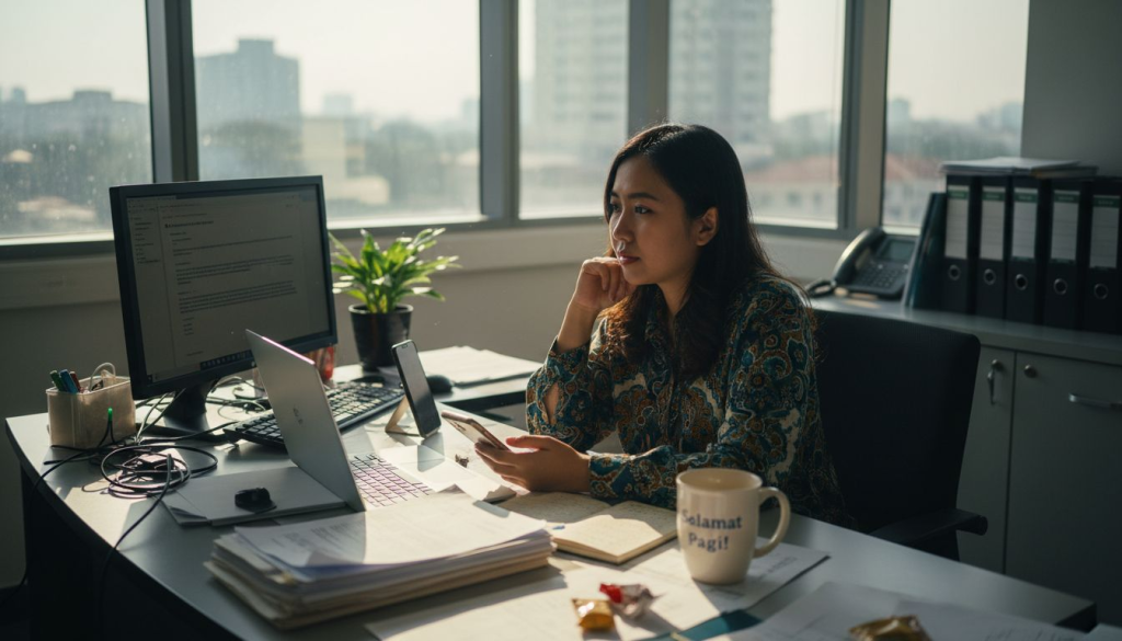 Malaysian marketer drafting email in office