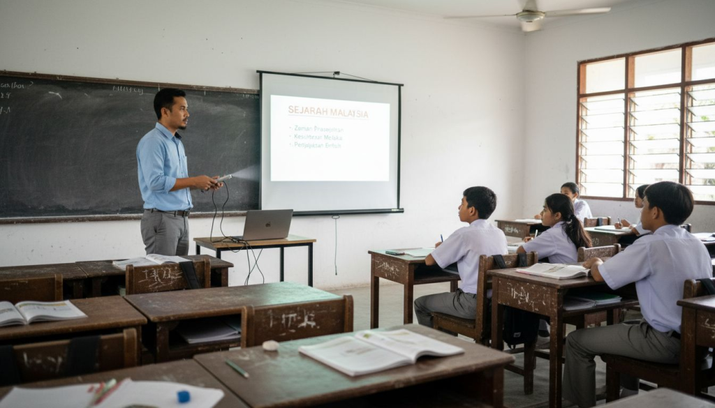 Cikgu memanfaatkan projektor semasa mengajar di dalam kelas.