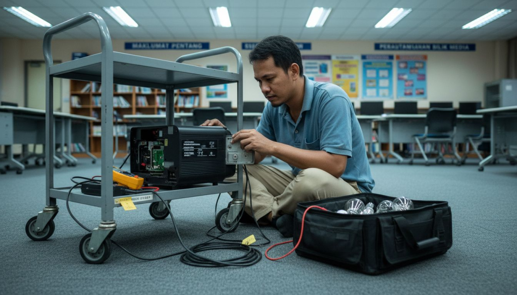 Seorang juruteknik sedang memeriksa projektor yang rosak di bilik media.
