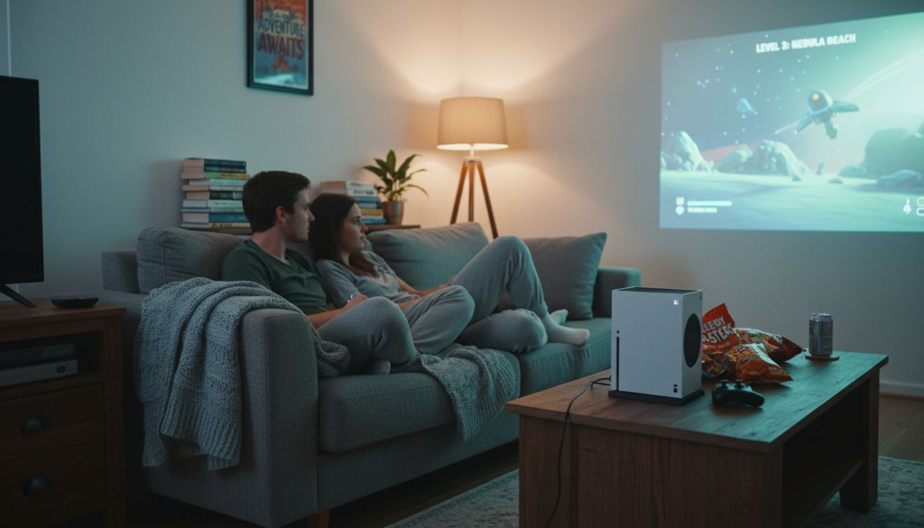 Couple gaming and watching movies with projector