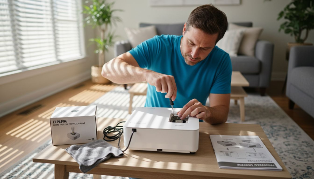 Person replacing projector bulb in home setting