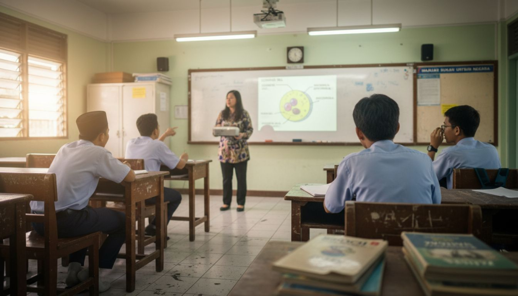 Guru dan pelajar bersama-sama menggunakan projektor untuk pembelajaran STEM di dalam kelas.