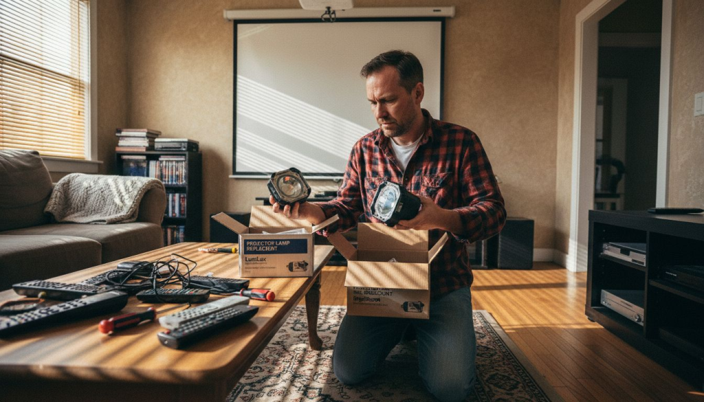 Man comparing projector lamps in home living room