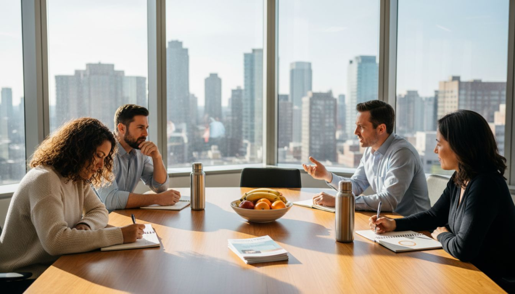 Staff discussing workplace wellness program in conference room
