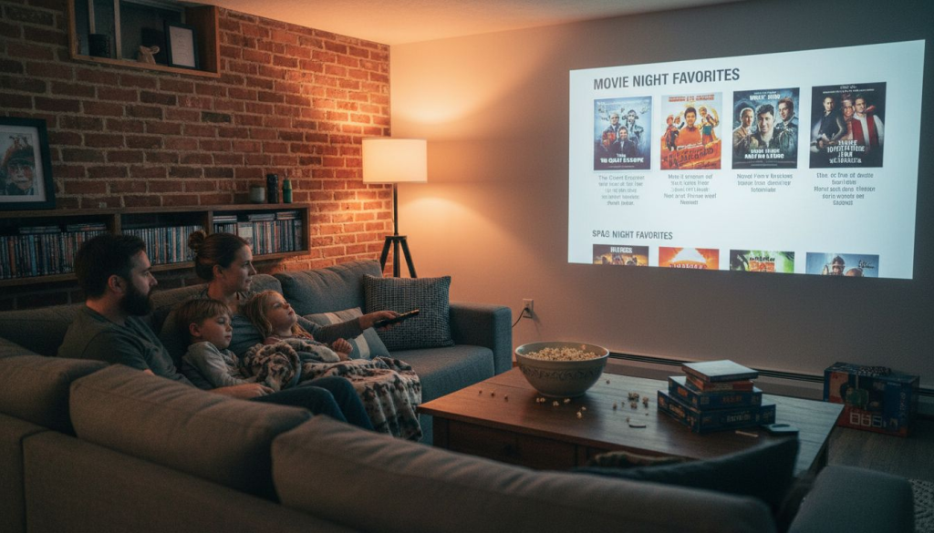 Family enjoying movie on projector screen