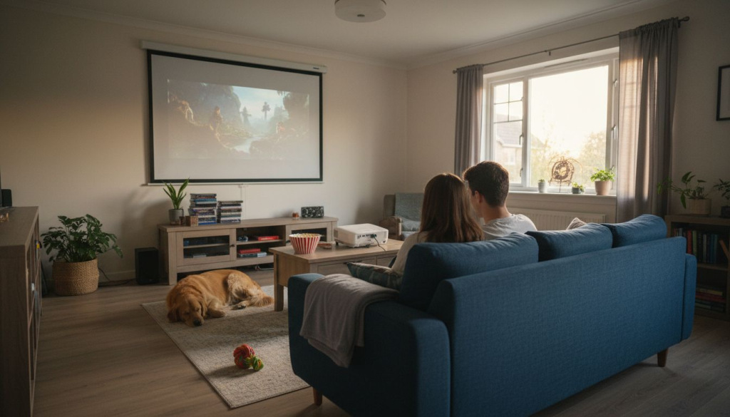 Couple watching Epson 3D projector in living room