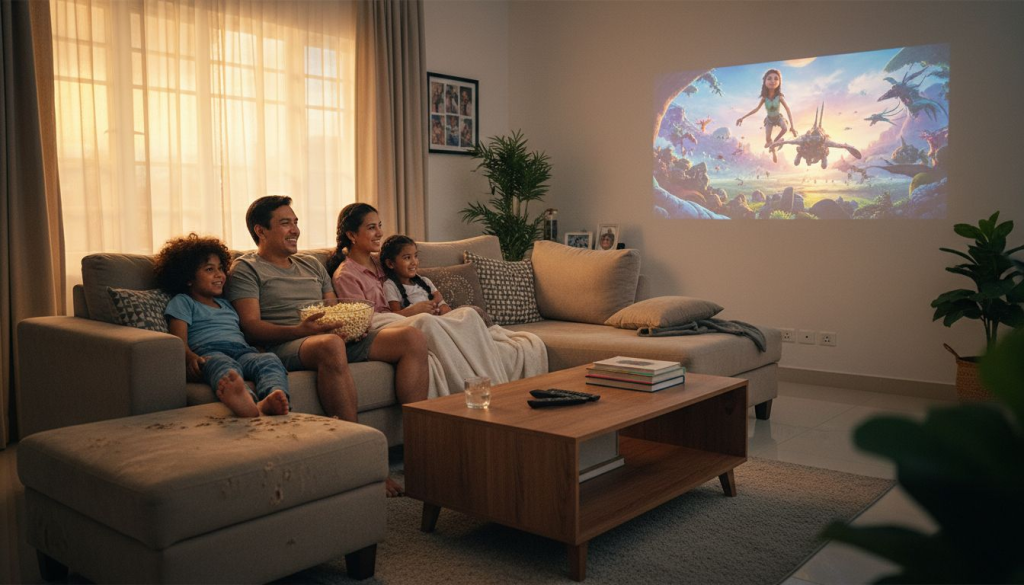 Malaysian family watching 3D projector at home
