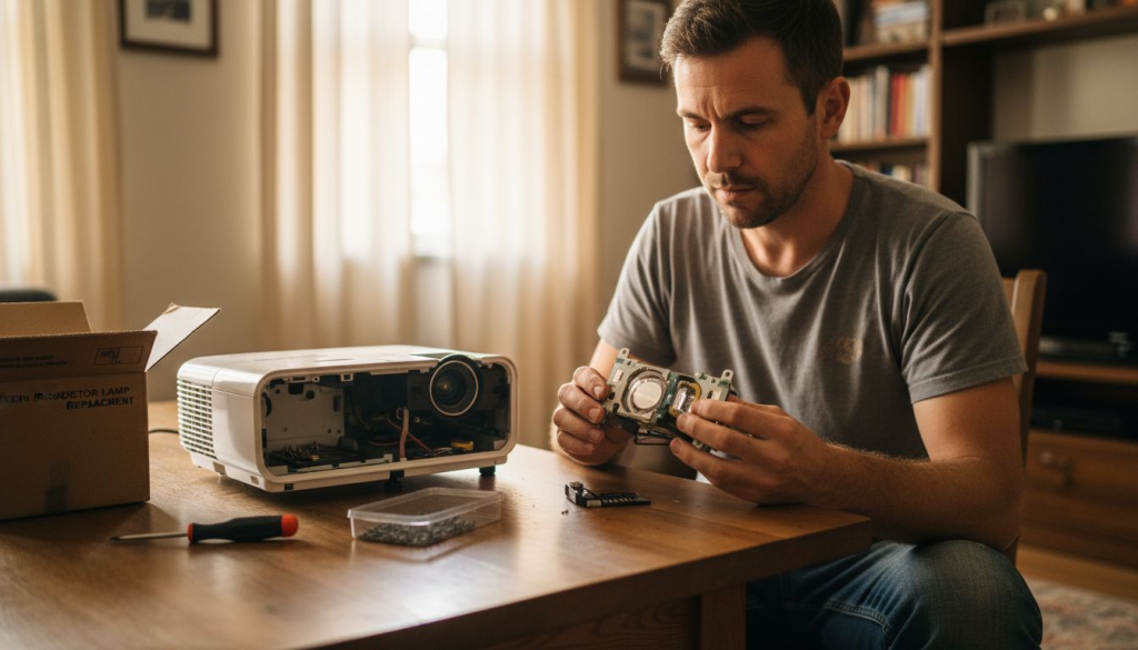 Man replacing elplp95 projector lamp on table