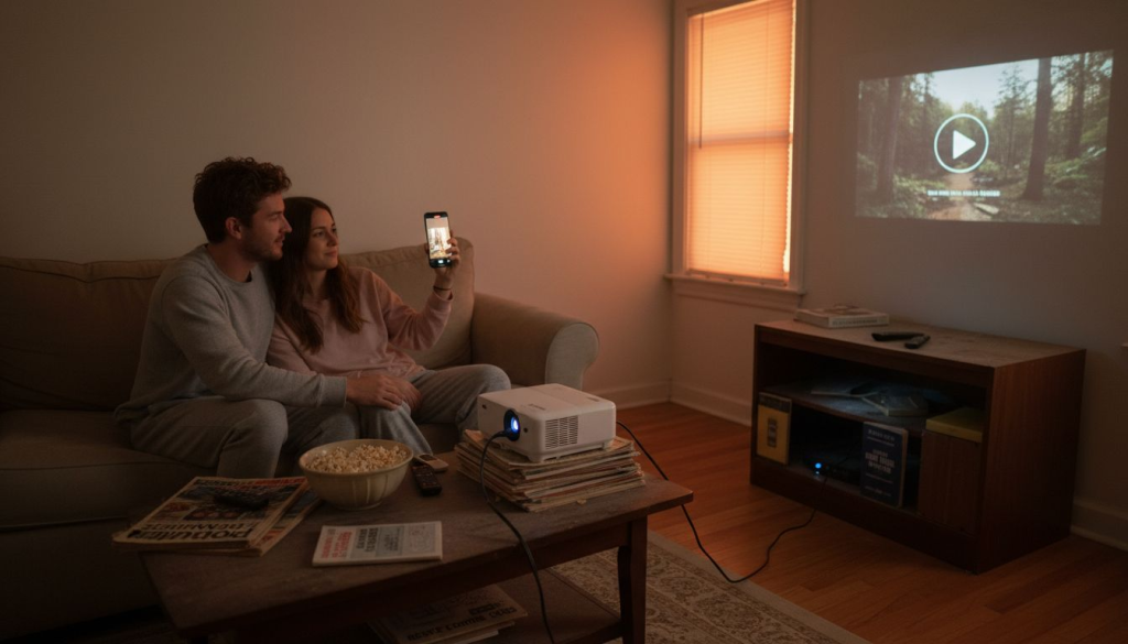 Couple mirroring smartphone to mini projector