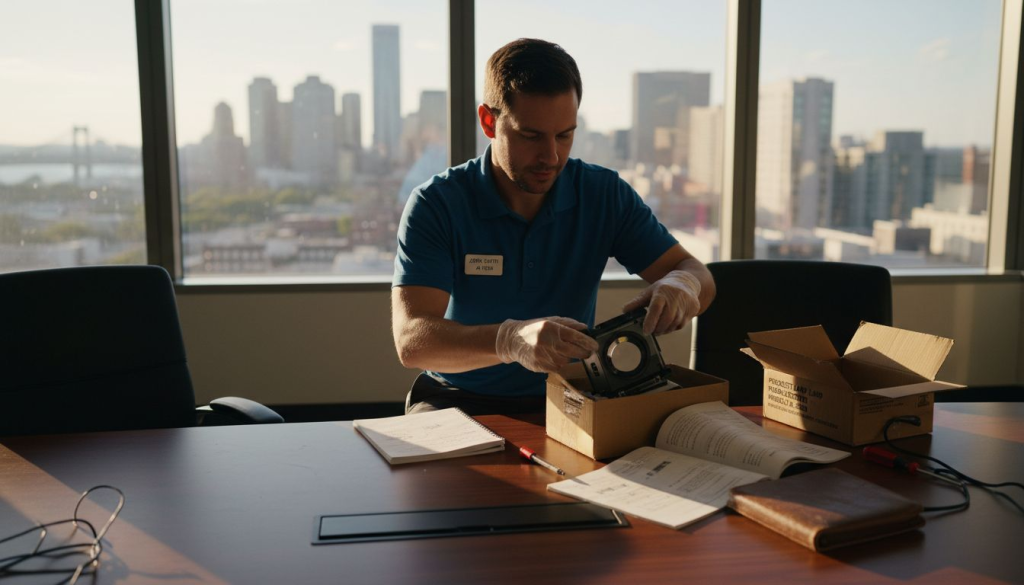 Technician replacing projector lamp in office