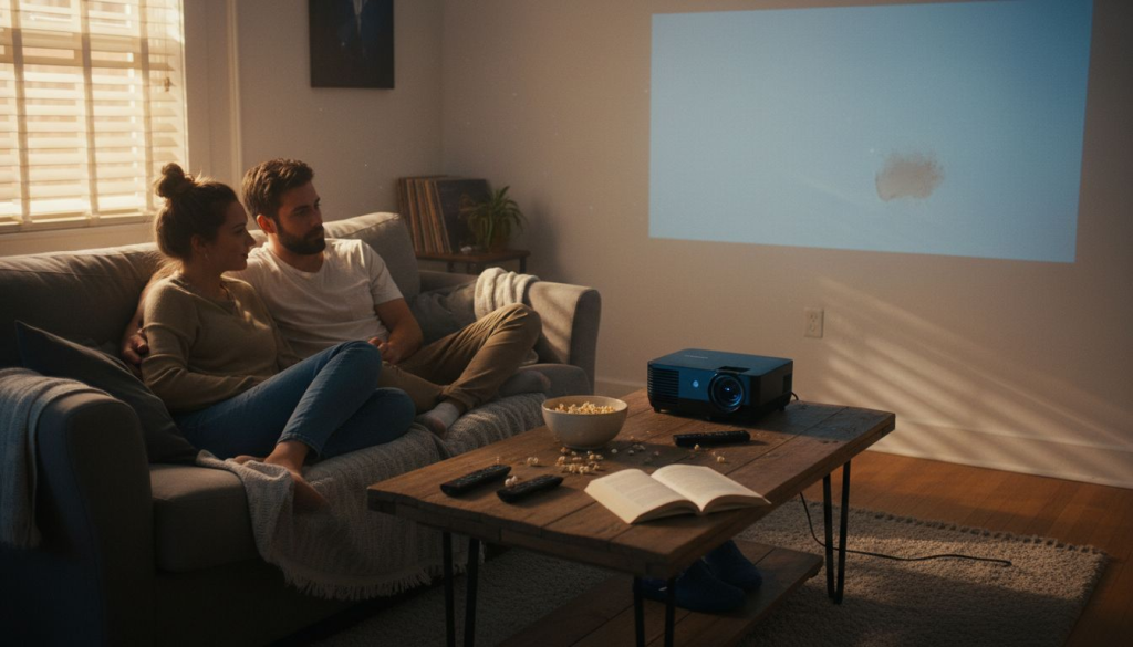 Couple watching movie with cheap home projector