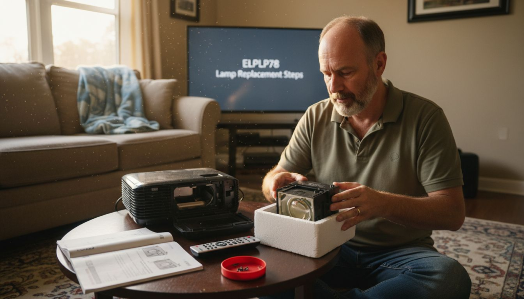 Person unboxing elplp78 projector lamp in living room