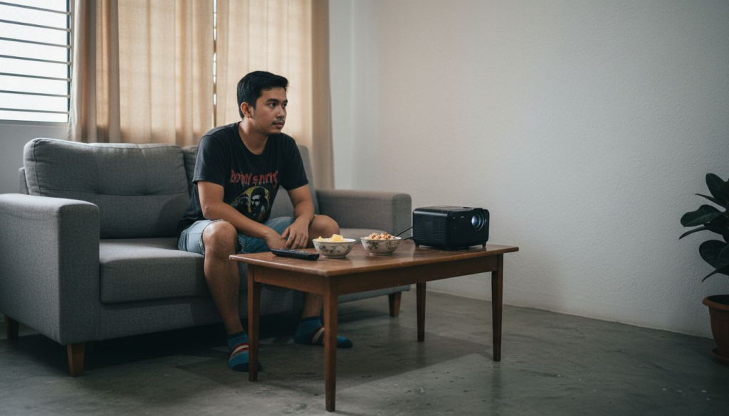 Compact projector setup in small apartment living room
