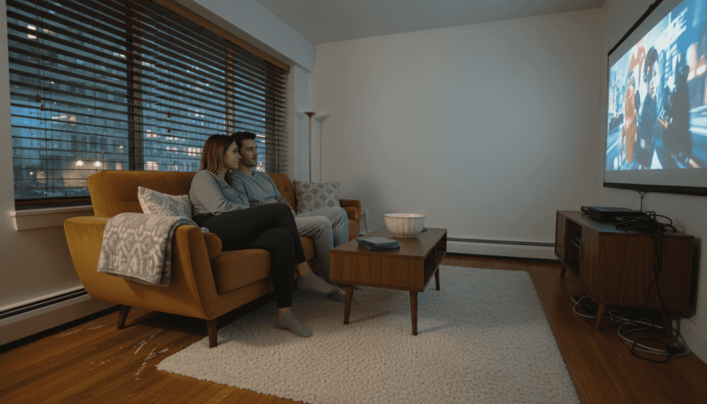 Couple watching movie on home projector screen
