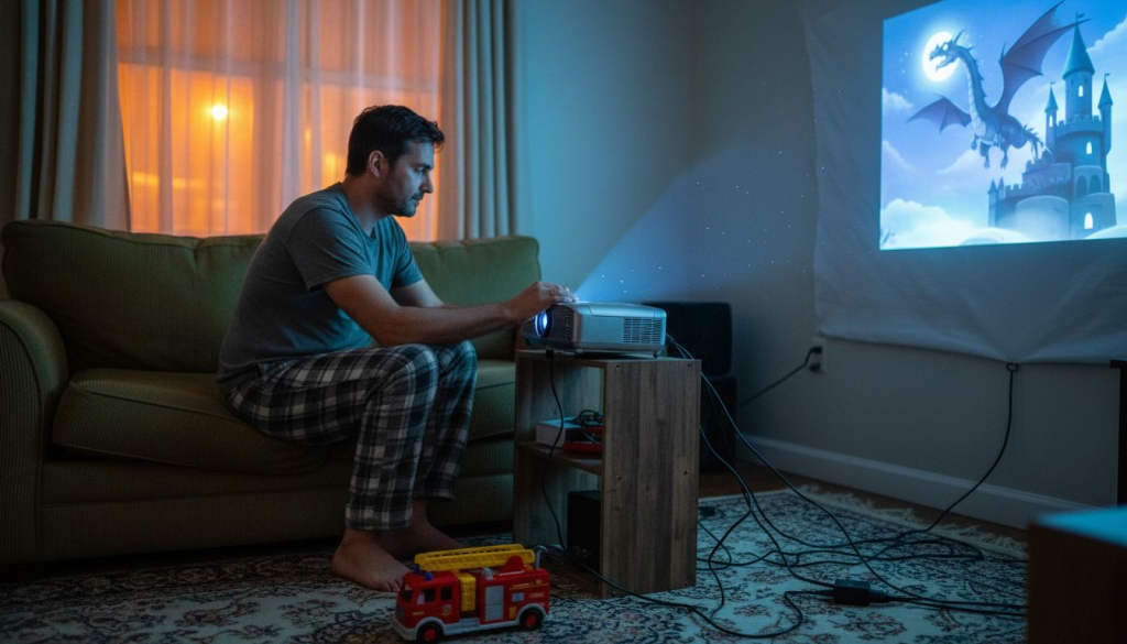Father adjusting BenQ projector in living room