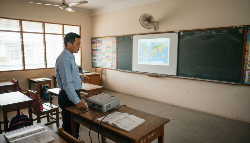 Di sekolah rendah, guru sering memanfaatkan projektor untuk membantu proses pengajaran supaya murid lebih mudah faham dan tertarik dengan pelajaran.