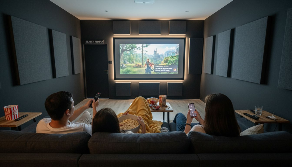 Sekeluarga seronok meluangkan masa bersama menonton filem di rumah dengan menggunakan projektor, menjadikan ruang tamu seperti panggung wayang mini.