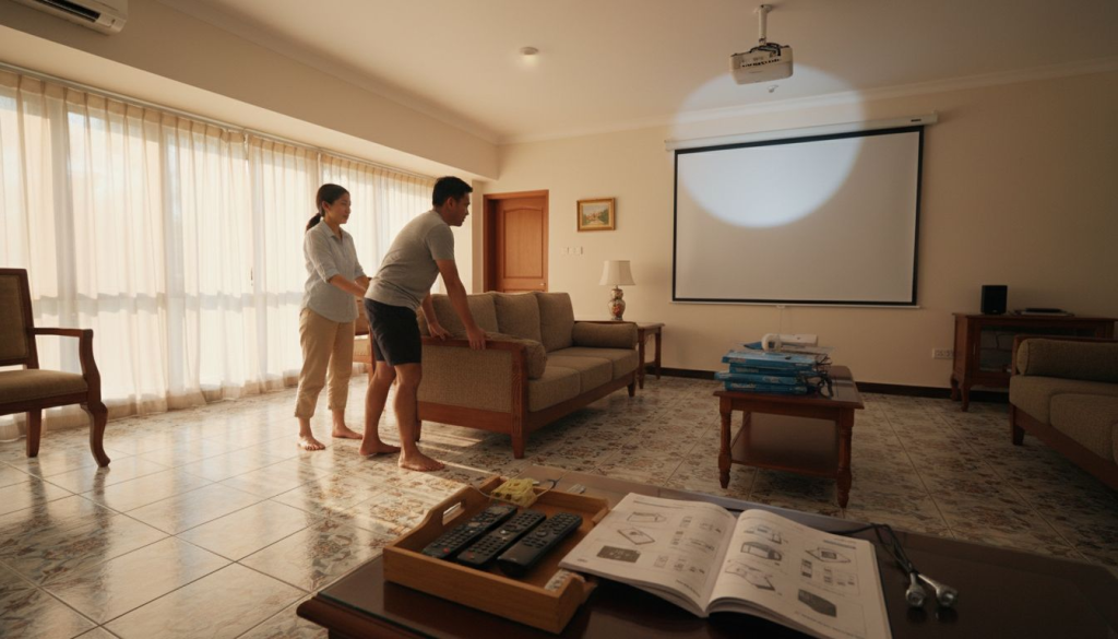 Couple arranging living room with ceiling projector