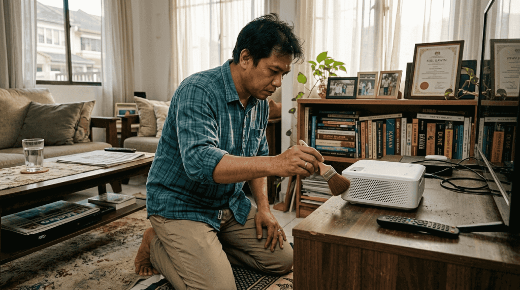 Seorang lelaki sedang membersihkan projektor yang berhabuk di ruang tamu.
