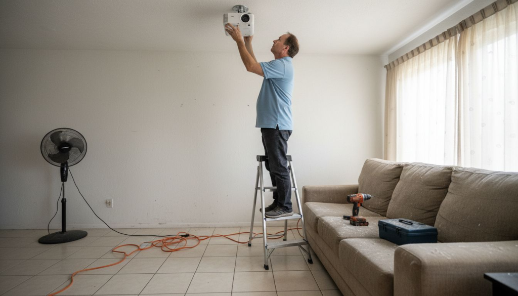 Person installing projector to ceiling in living room
