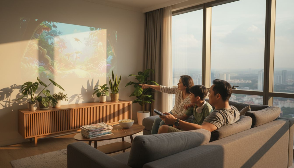 Family watching projector in sunny living room