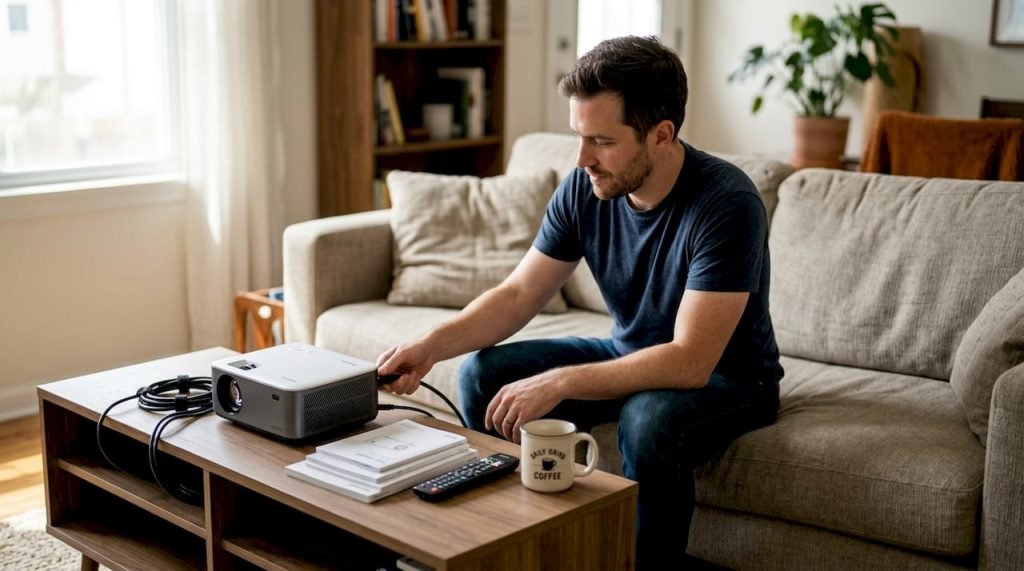 Person setting up projector accessories at home