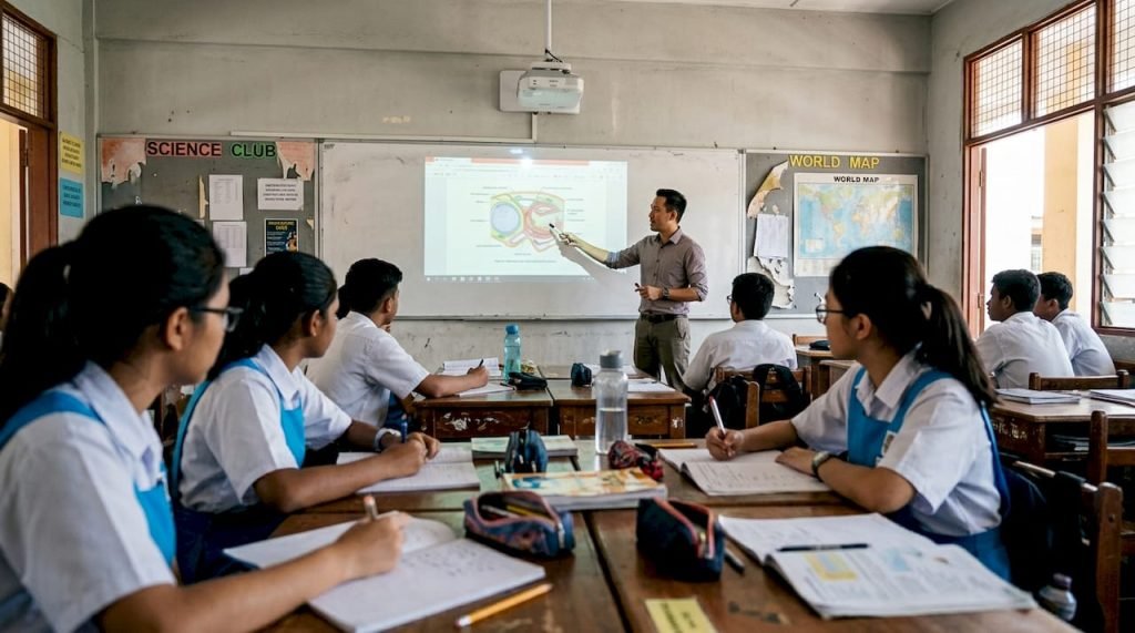 Teacher uses projector for classroom learning