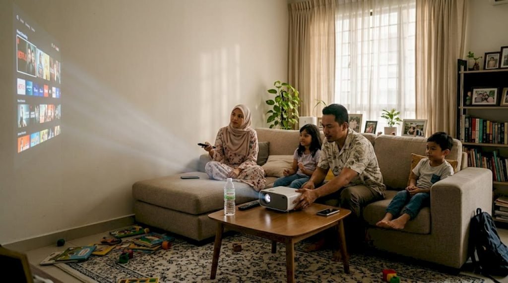 Sekeluarga sedang menikmati masa bersama di ruang tamu dengan menggunakan projektor pintar, menonton filem atau rancangan kegemaran mereka.