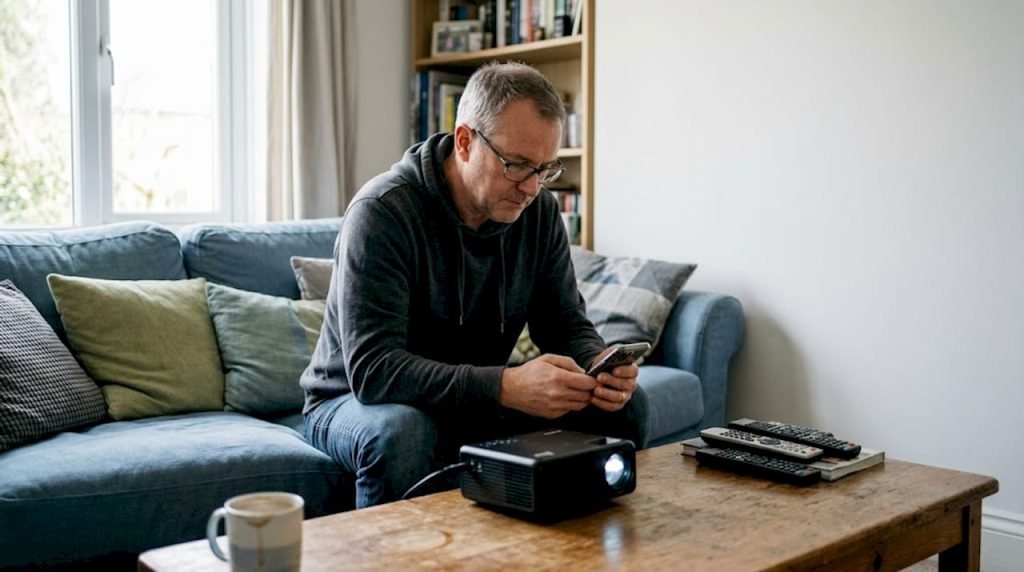 Man setting up WiFi projector at home
