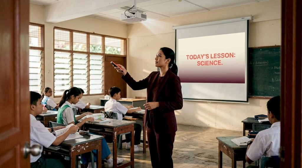 Teacher activates projector as students prepare