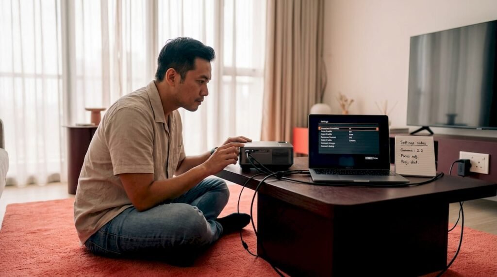 Man troubleshooting projector in Malaysia home